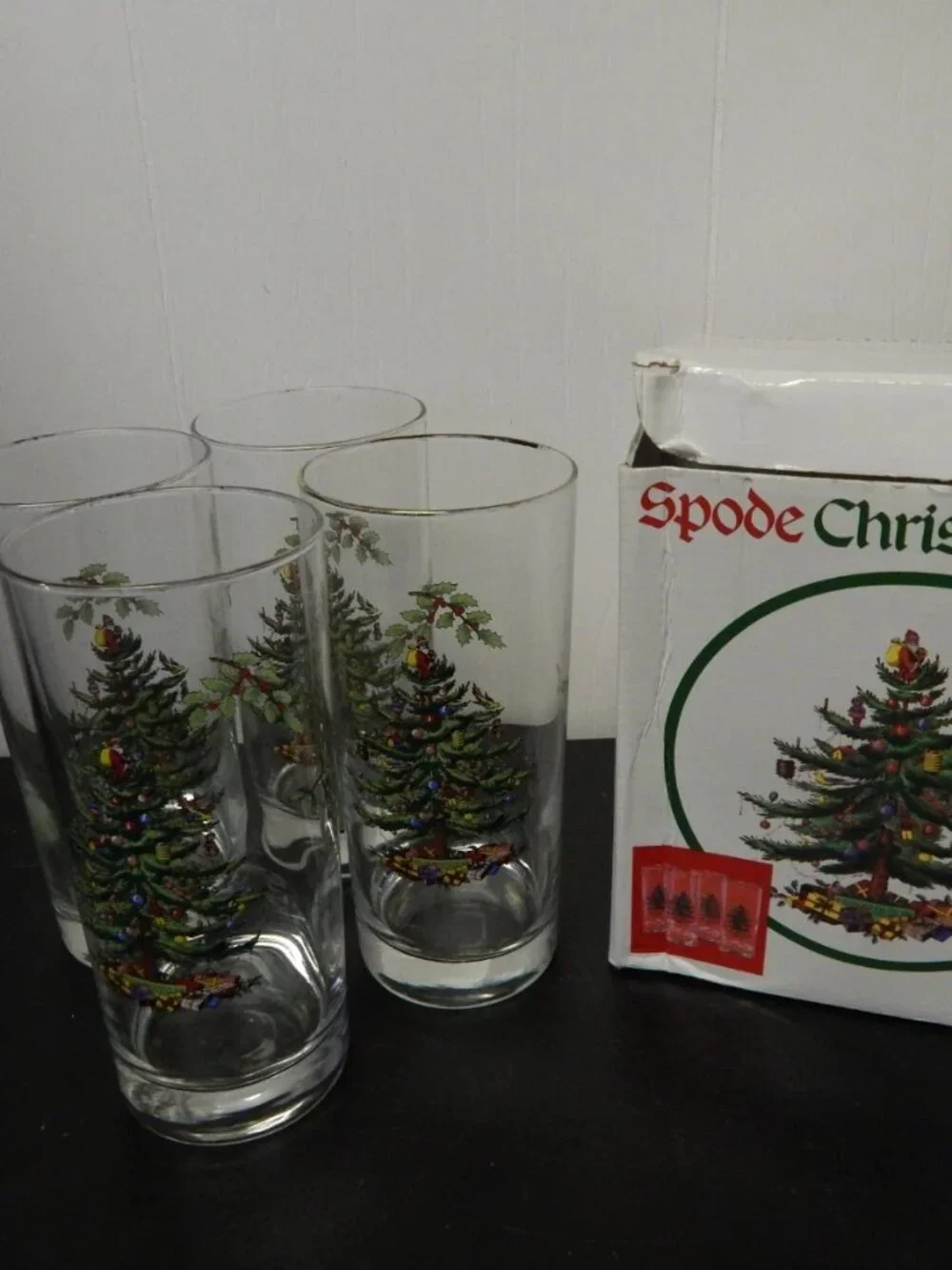 Vintage Spode Christmas Tree Set of 4 Highball Glasses In Original Box